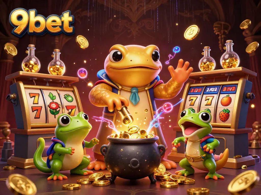 Experience thrilling 9bet action with a magical 3D casino scene featuring alchemical wonders and gold coins.