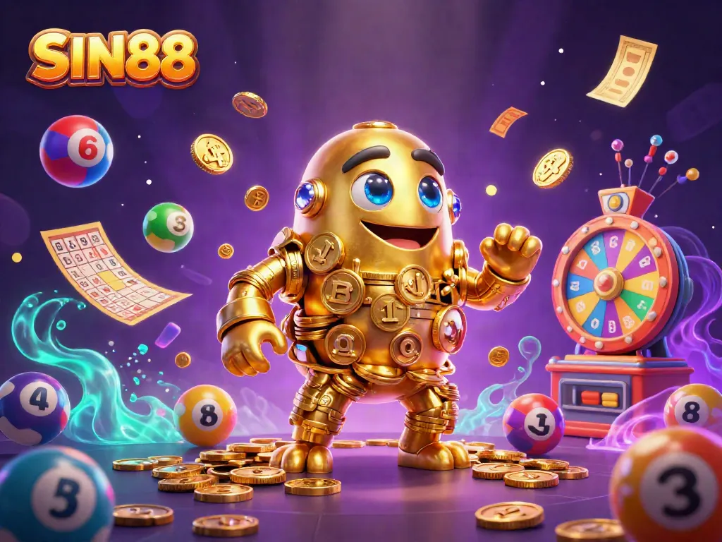 SIN88 captures excitement with a golden golem and dynamic lottery elements in this vibrant casino scene.
