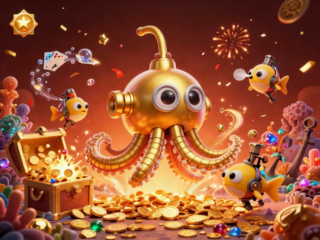 Engage in thrilling underwater treasure quests with a captivating kraken submarine in this vibrant gambling scene.