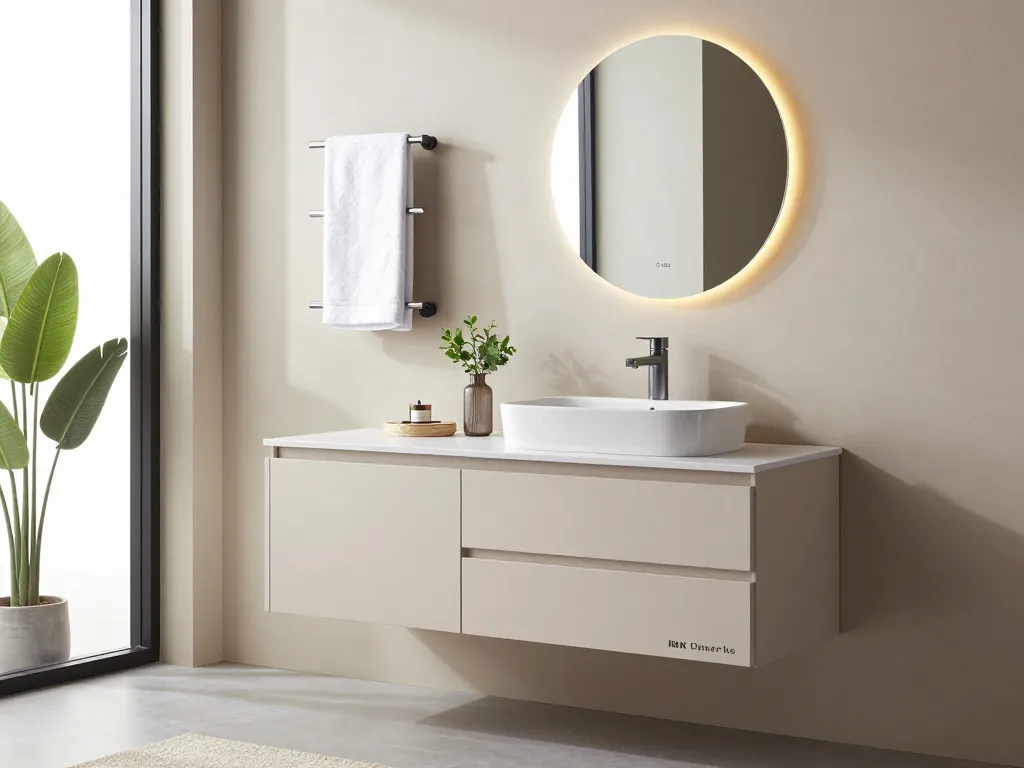 INK badkamermeubelopstelling met elegante wastafel en LED-spiegel in een moderne badkamer.