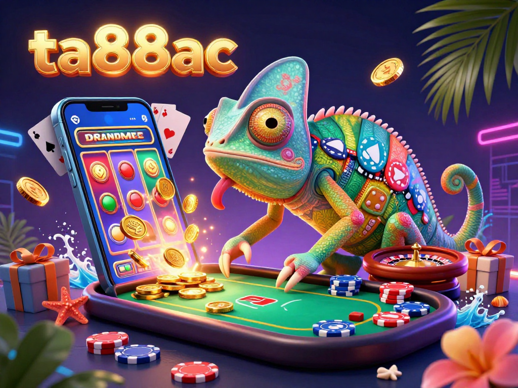 Engage with ta88ac's thrilling gaming environment featuring a colorful 3D chameleon and casino elements.