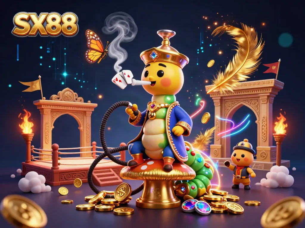 SX88 promotional scene with a vibrant 3D caterpillar character and poker symbols lighting the casino atmosphere.