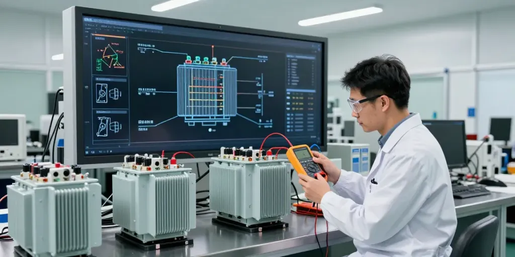 Ingenieur inspecteert de transformer vector groep in een moderne laboratoriumomgeving.