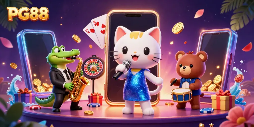 PG88 casino illustration featuring vibrant characters and gaming elements in a festive atmosphere