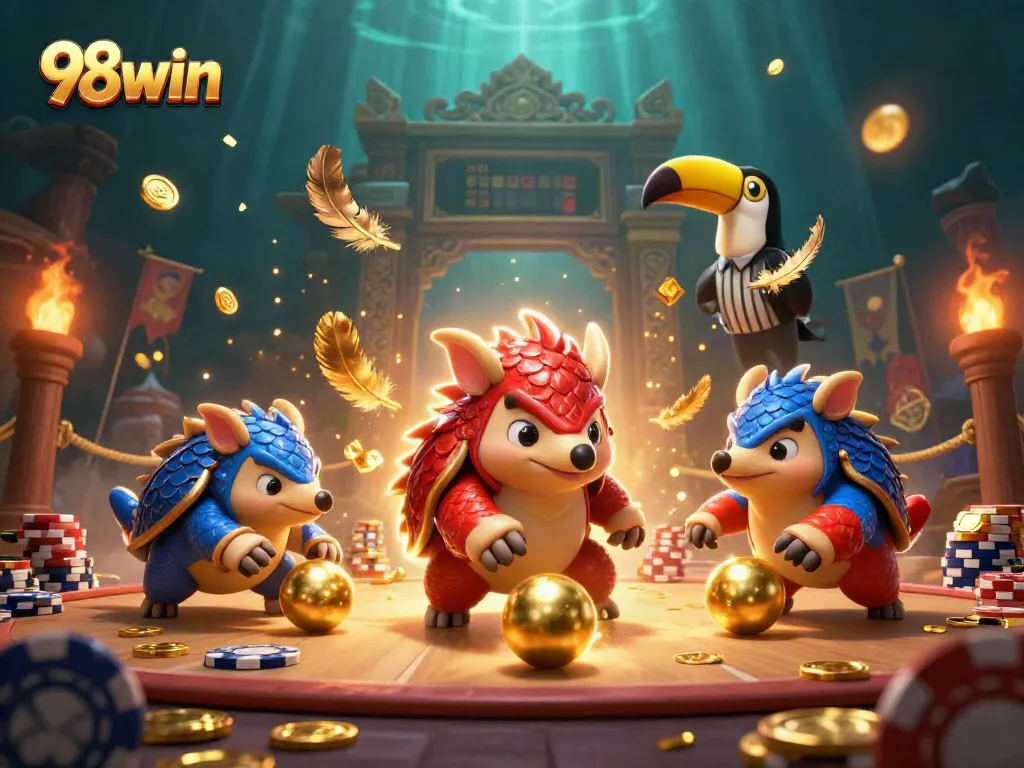 98win pangolins competing in a vibrant casino battle amid golden poker chips and festive confetti.