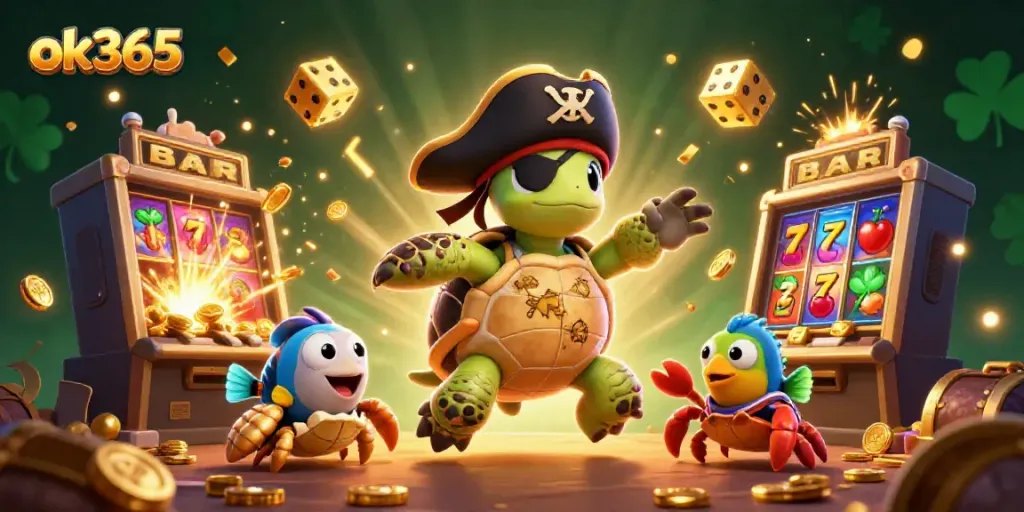 Play exciting games at ok365 with dynamic 3D illustration showcasing a treasure scene and casino elements.
