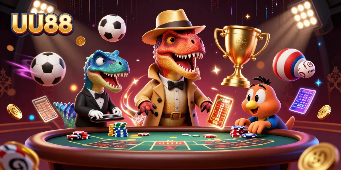 UU88 velociraptor card counter plays blackjack while a stegosaurus pit boss observes, surrounded by dynamic sports elements.