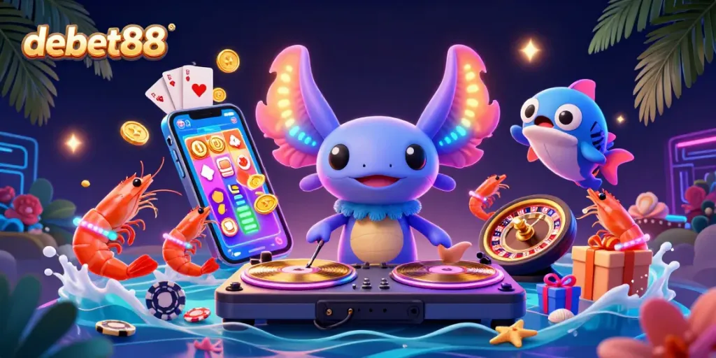 Experience debet88's vibrant casino world with a neon-colored axolotl DJ and lively characters.