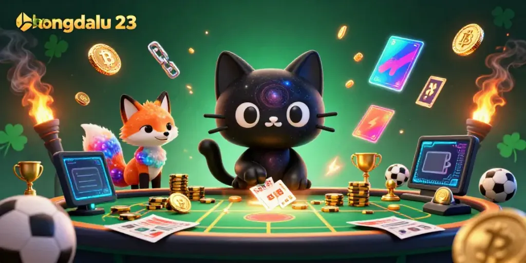 Engage with bongdalu 23, a cosmic sports betting scene showcasing thrilling elements like a black hole cat and vibrant tokens.