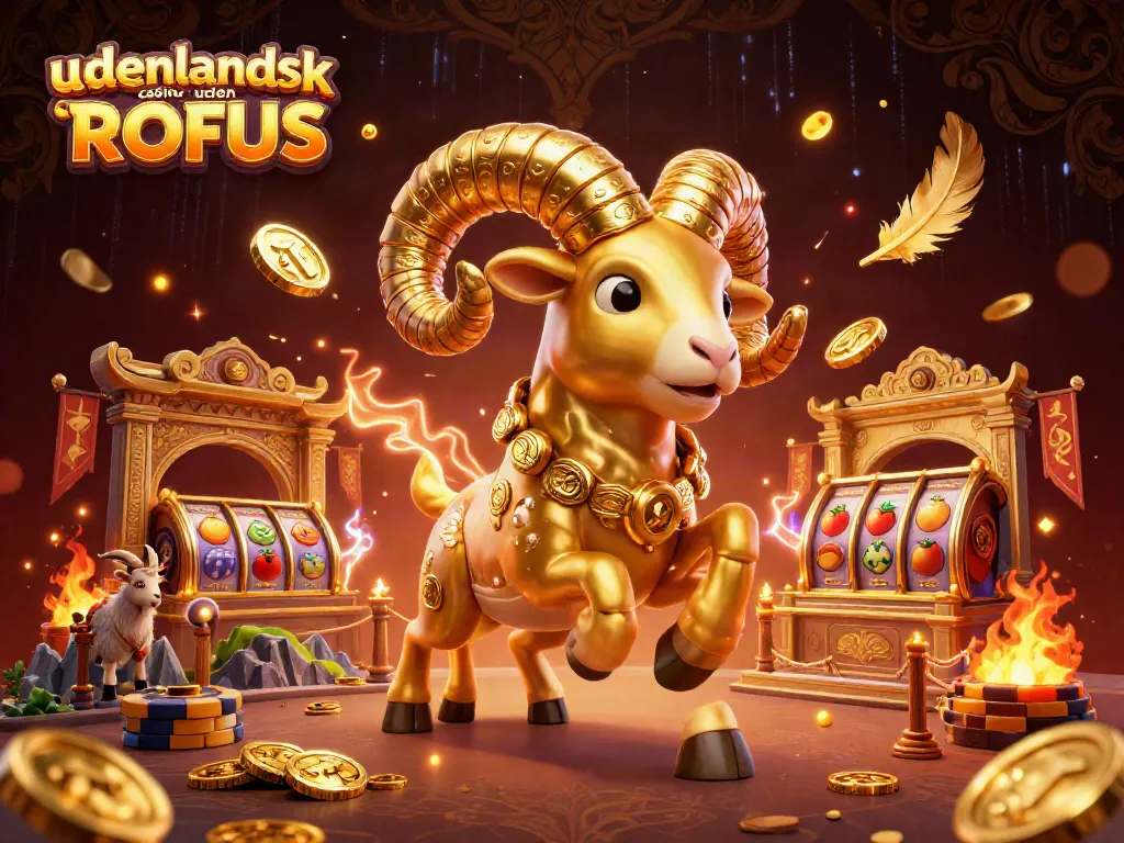 Experience the excitement of udenlandsk casino uden ROFUS with a dynamic scene featuring golden ram, slots, and thrilling elements.