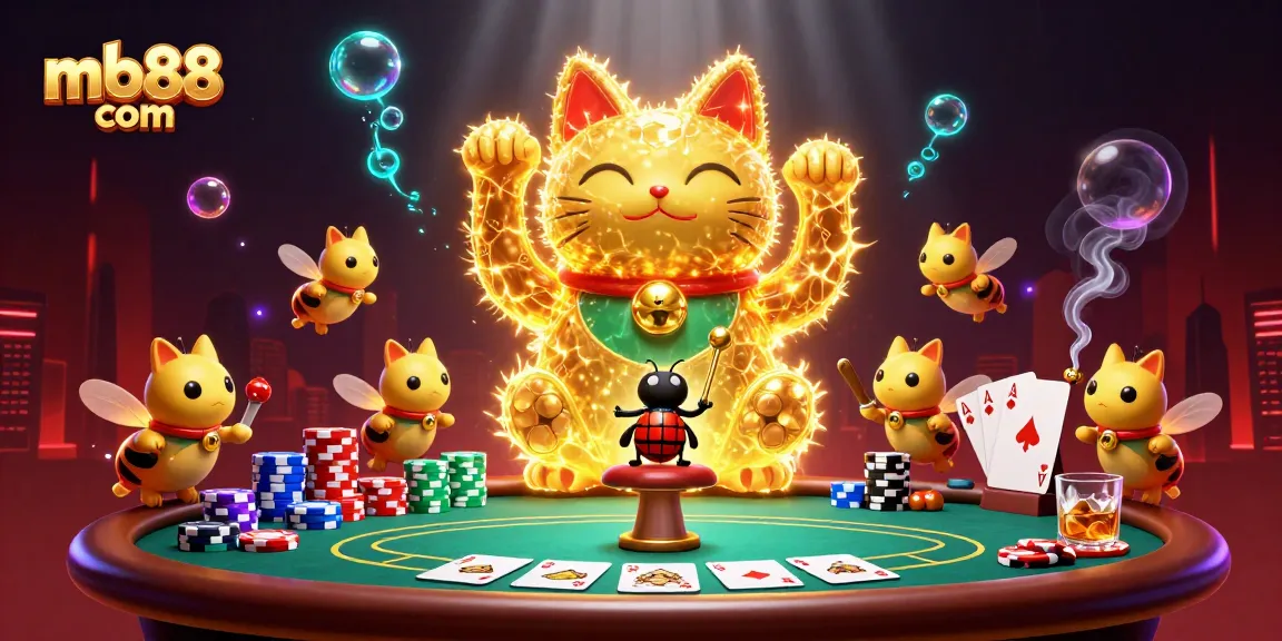 Khám phá mb88 com với hình ảnh con mèo may mắn và các biểu tượng casino tỏa sáng.