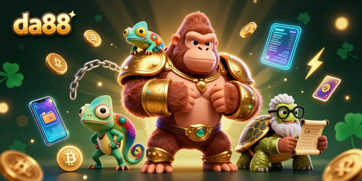 Join the da88 action with the gorilla king in armor, surrounded by vibrant crypto elements and gaming excitement.