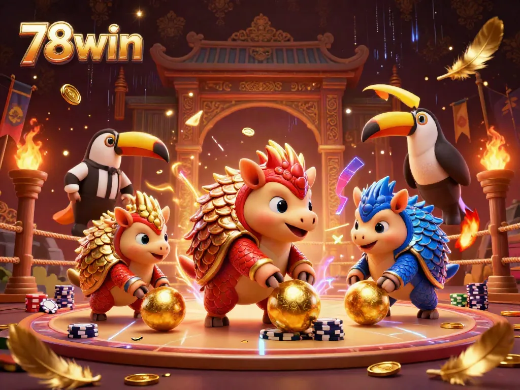 Engaging scene of pangolins in armor competing at 78win, surrounded by gold coins and poker chips.