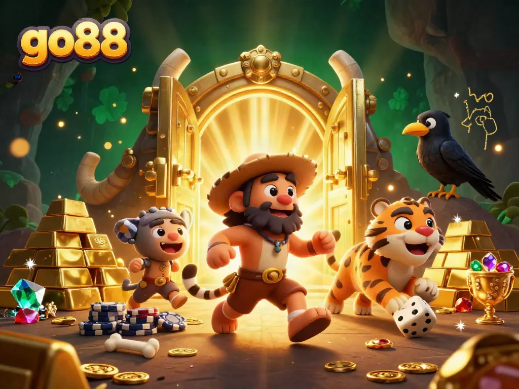 Engage in thrilling gameplay at go88 with unique characters in a vibrant prehistoric casino setting.