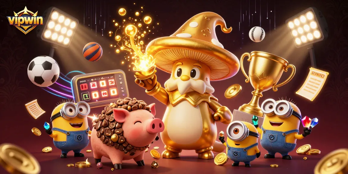 Experience the magic of vipwin with dynamic sports themes and casino treasures in 3D illustration.