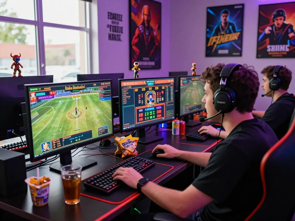 Engaging scene showcasing Link nhà cái Five88 with a player immersed in an online betting experience, surrounded by gaming paraphernalia.