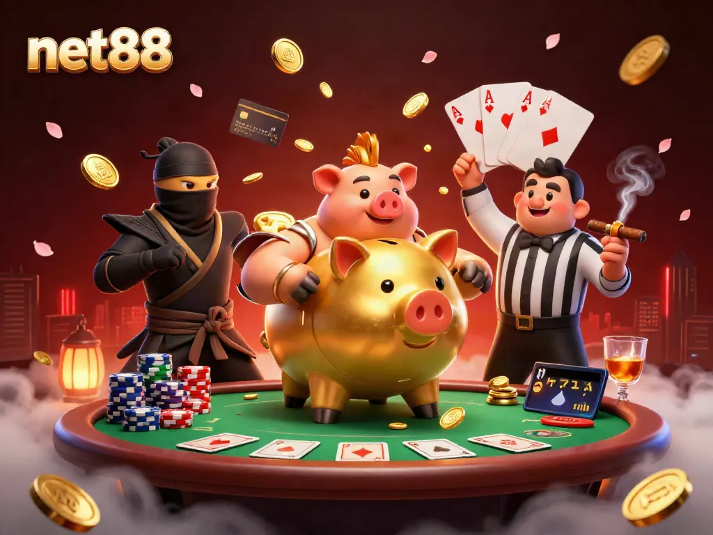 Experience thrilling gameplay with net88 as golden coins shower around characters in an intense casino clash.