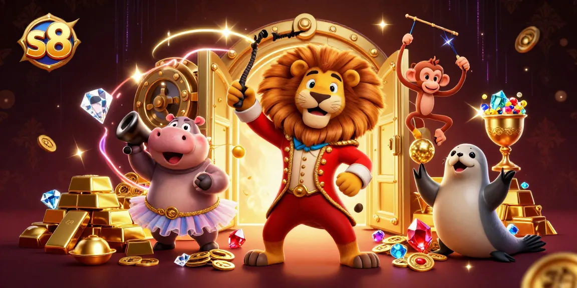 S8 captivates users with dazzling casino fun, showcasing vibrant characters and treasures in a dynamic 3D scene.