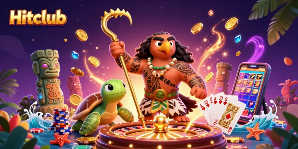 Experience excitement at Hitclub with vibrant gaming elements and engaging characters in a dynamic casino scene.