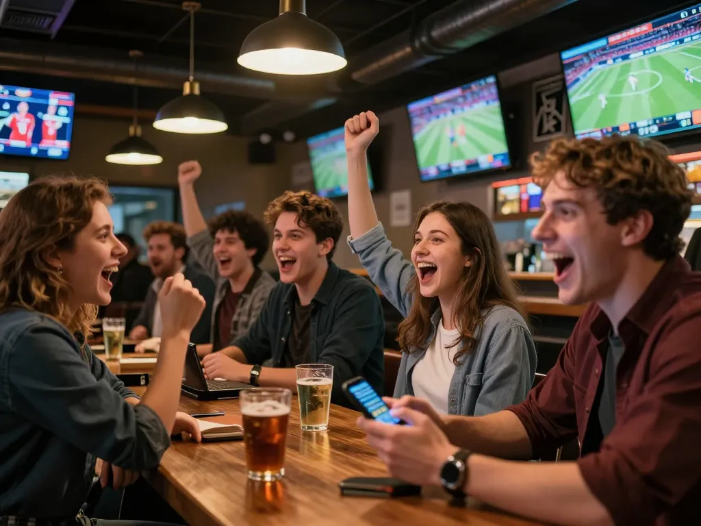 Friends engaging in sports betting at a lively bar while using their keonhacai apps for live updates.