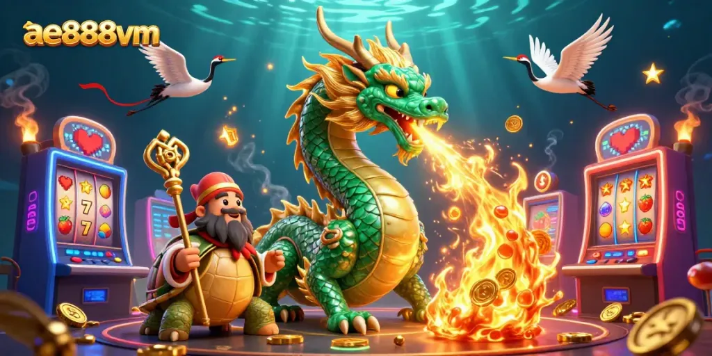 Experience thrilling gameplay with ae888vm, featuring a jade dragon and lucky symbols in a dynamic casino scene.