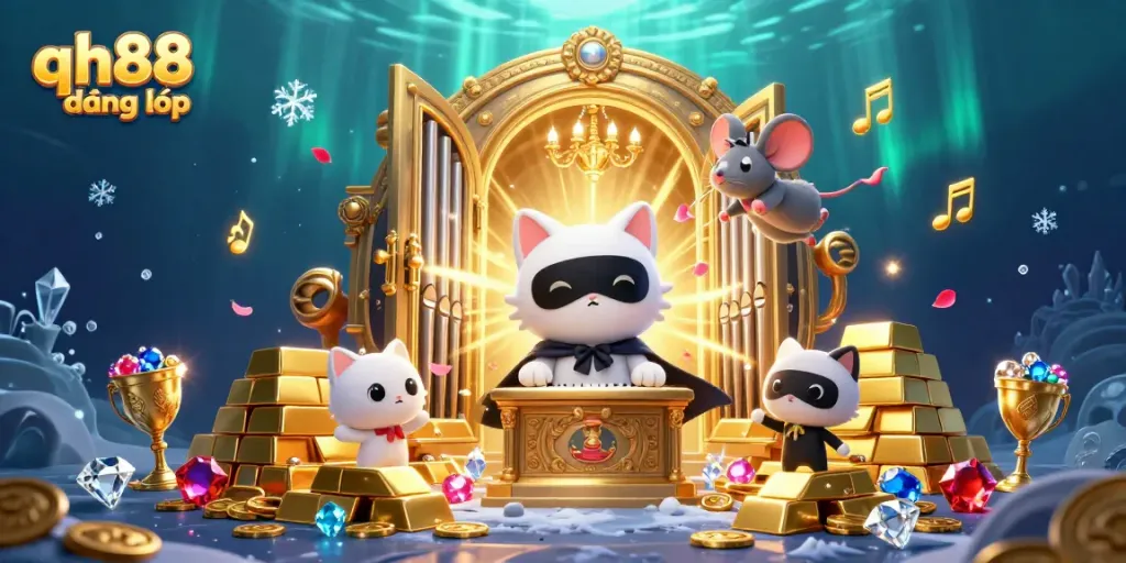 Experience qh88 đăng nhập in a vibrant 3D fantasy casino world filled with treasures and musical elements.