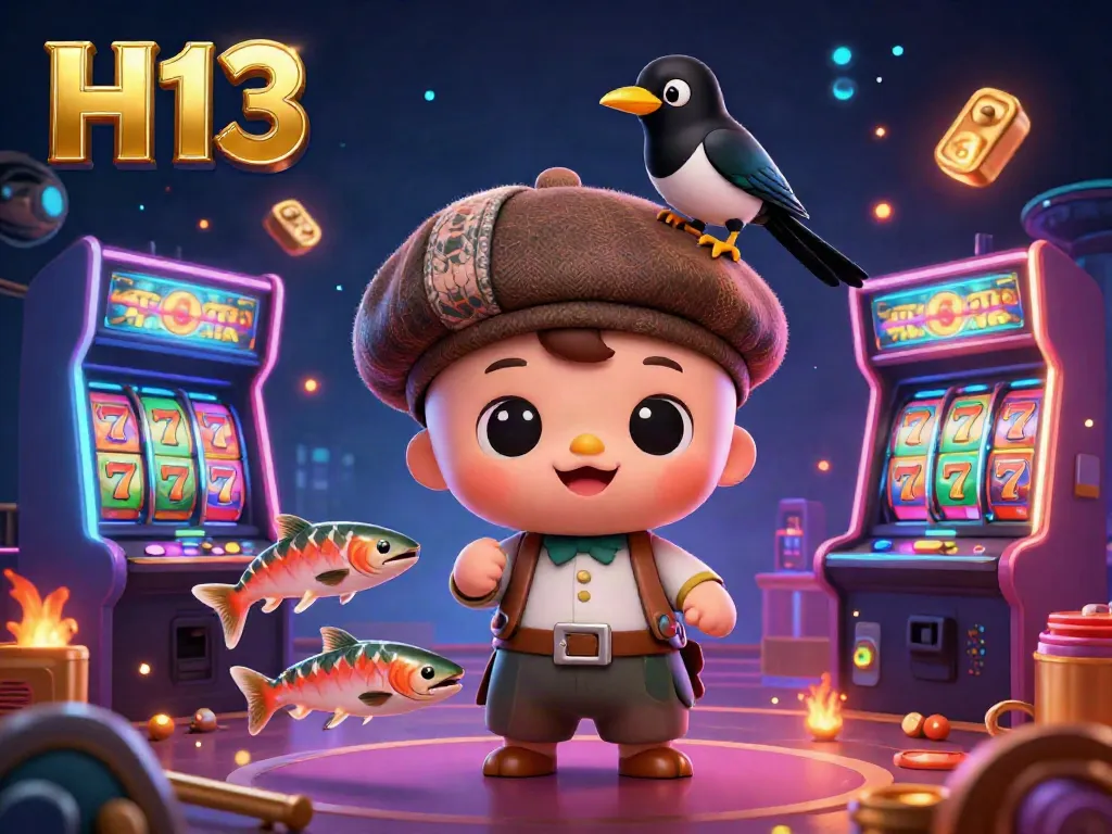 Engage in thrilling gaming at H13 with a playful 3D cartoon Nessie in a casino scene filled with colorful slot machines and vibrant game elements.