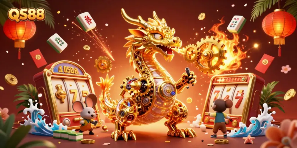 Experience thrilling gaming at QS88 with a golden dragon unleashing jackpots and slot excitement!
