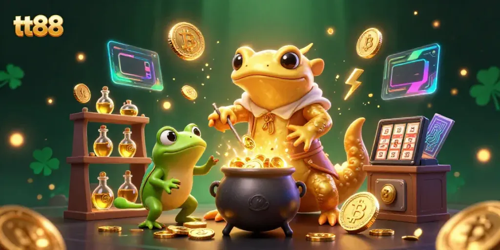 Experience magical gameplay at tt88 with a golden salamander alchemist transforming base metals into gold coins.