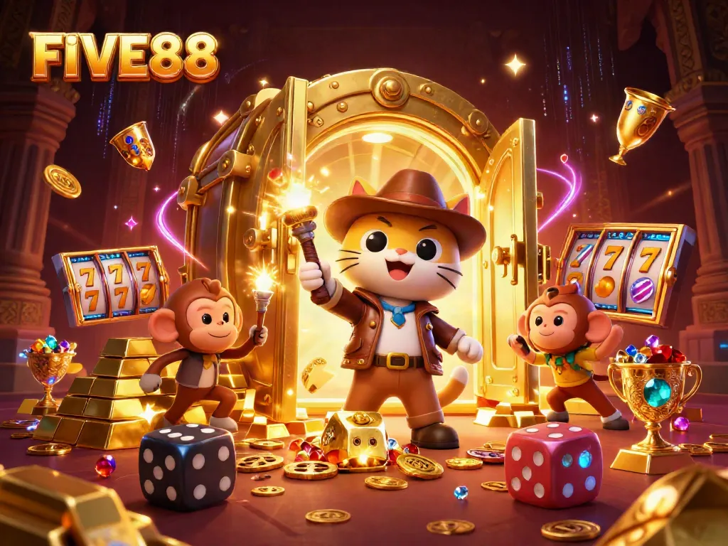 FIVE88 slots adventure with an archaeologist cat and monkey uncovering treasure.