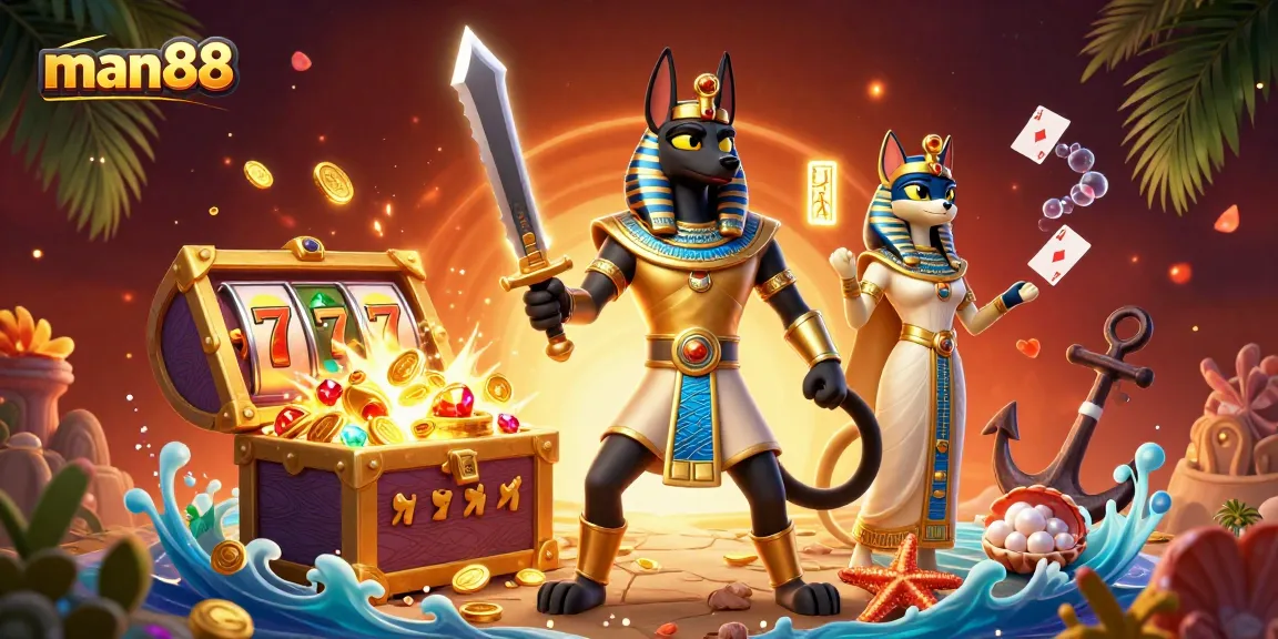 Engaging casino scene featuring man88 with animated Egyptian characters and vibrant slot elements.