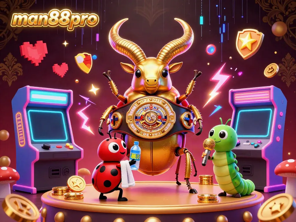 Experience thrilling game action in this vibrant man88pro casino illustration with a boxing beetle champion.