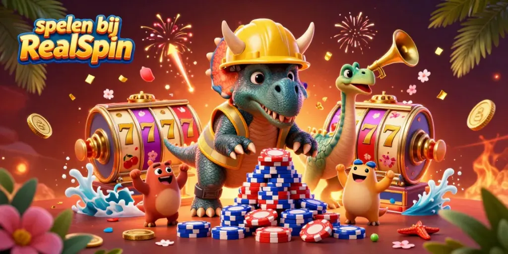 Spelen bij RealSpin met een 3D illustratie van dinosaurussen die een pokerchip piramide bouwen.