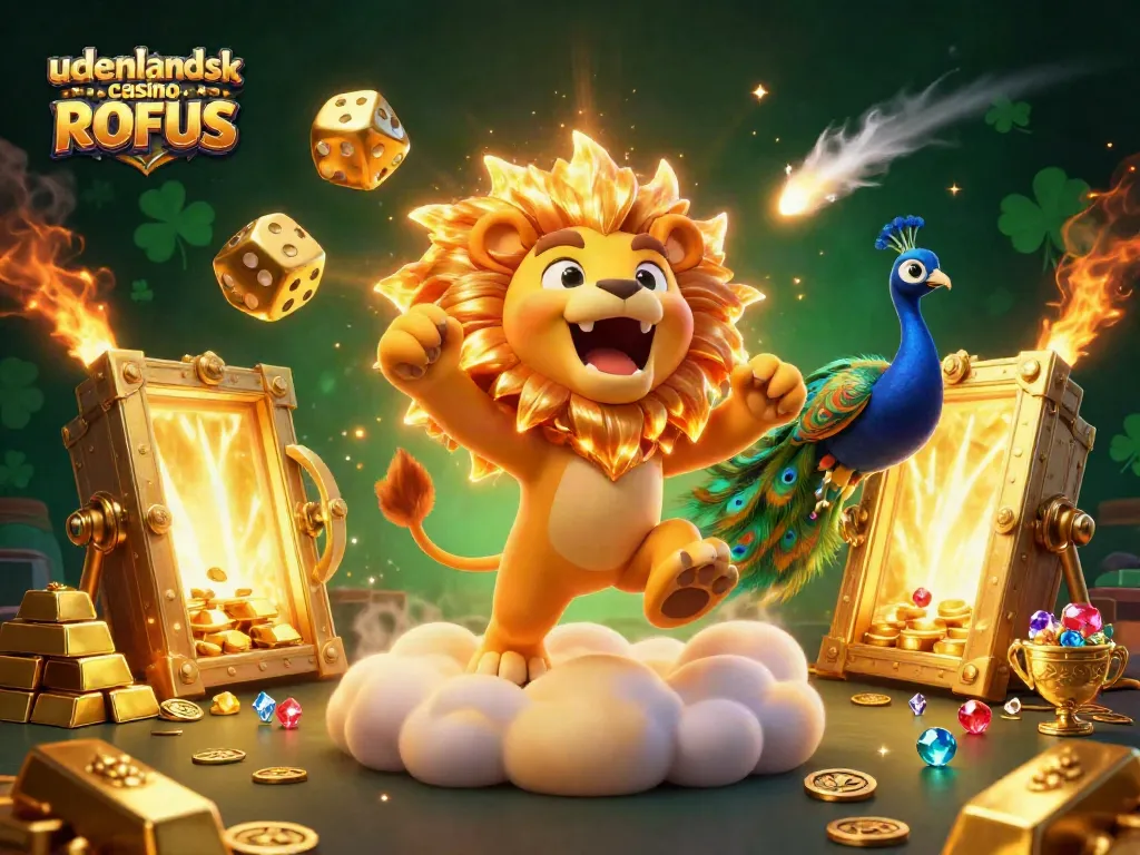 Experience азарте with udenlandsk casino uden ROFUS, featuring a triumphant lion surrounded by golden treasures and lucky symbols.