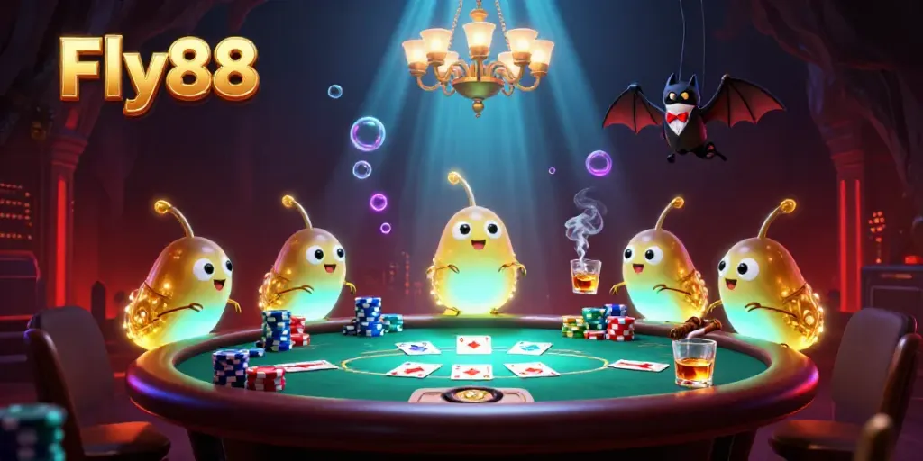 Experience the vibrant glow of Fly88's cave casino with animated glowworms lighting up the poker scene.