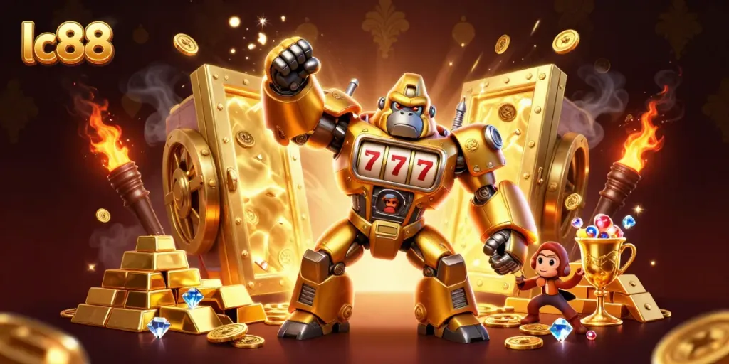 Engage in thrilling adventures at lc88 with a vibrant slot machine gorilla mech bringing bursts of gold and jewels.
