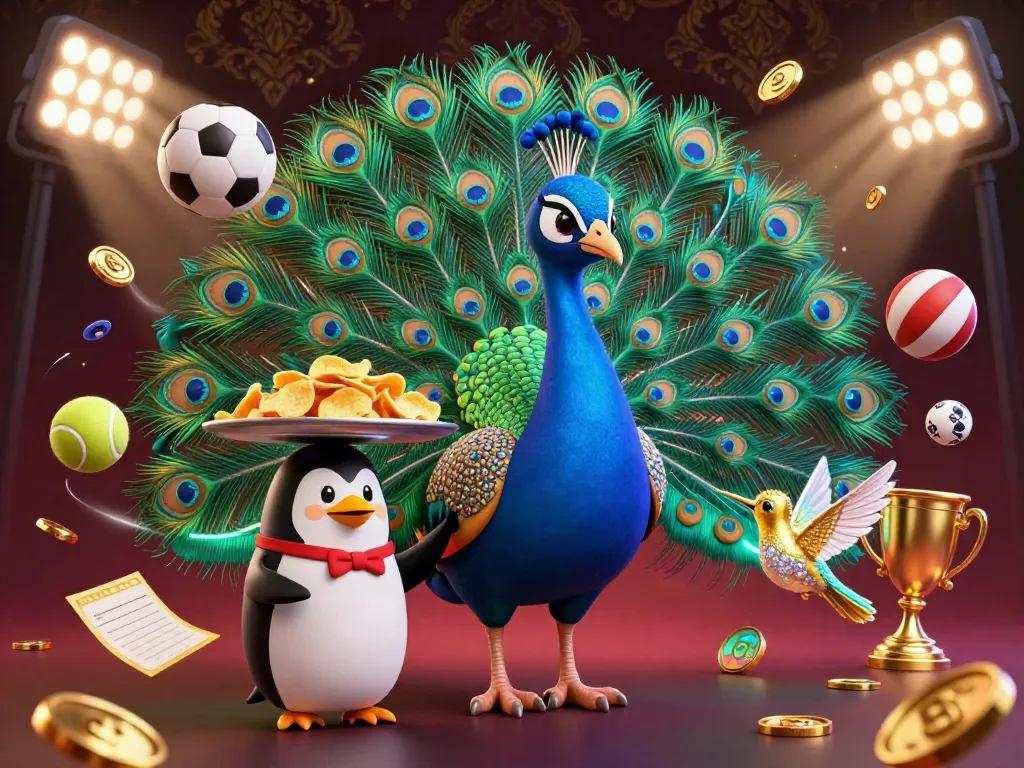 Engaging scene showcasing 8xbet's vibrant gameplay with a peacock, penguin, and hummingbird amid sports elements and dynamic lighting.