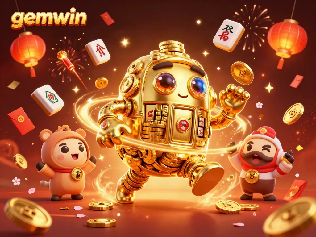 Experience the excitement of gemwin with a magical golem and vibrant gambling elements in a casino-themed scene.