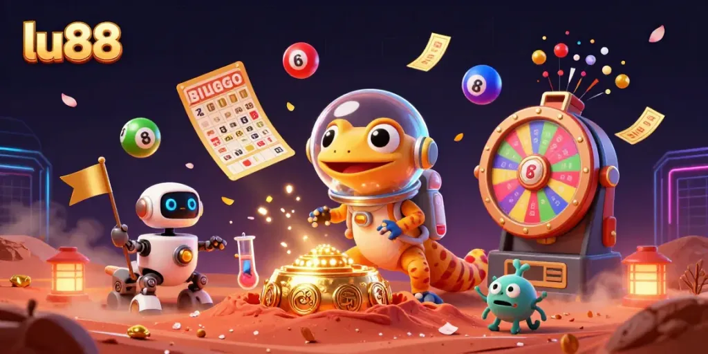 Experience thrilling gameplay with lu88 at a vibrant alien casino, featuring a Martian gecko and colorful lottery elements.