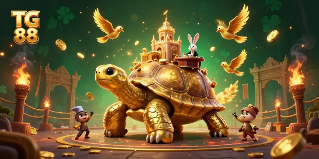 Engage with TG 88's vibrant casino adventure featuring a tortoise casino and lively dealer.