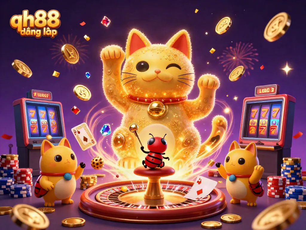 Experience qh88 đăng nhập with vibrant casino elements and a lucky cat in this dynamic 3D illustration.