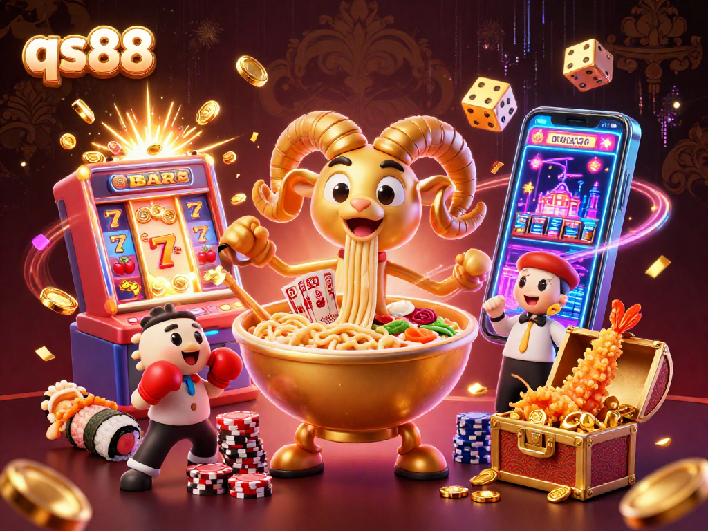 qs88 showcases a lively 3D scene with a giant ramen bowl and casino games, evoking excitement and fun.
