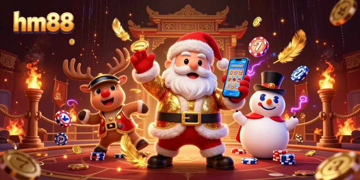Experience jackpots at hm88 with Santa and his quirky casino friends in this festive illustration.