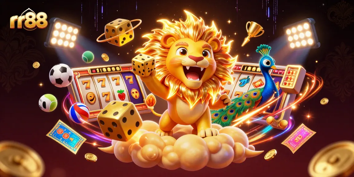 Join the fun at rr88 with thrilling slot reels and a roaring sun lion against a vibrant casino backdrop.