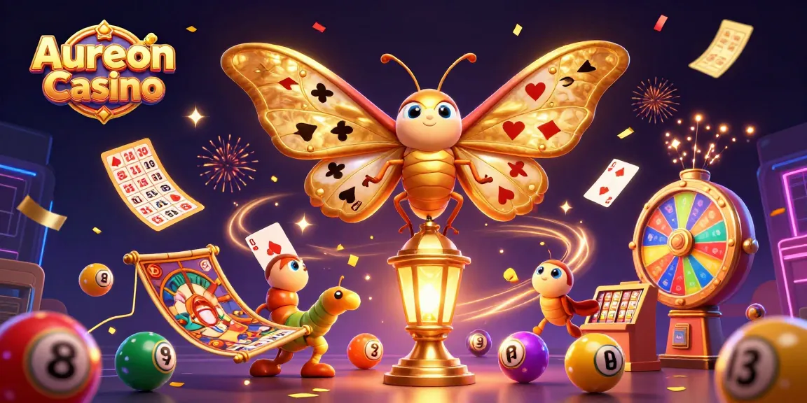 Aureon Casino features a vibrant 3D illustration of a majestic moth and lively game elements.
