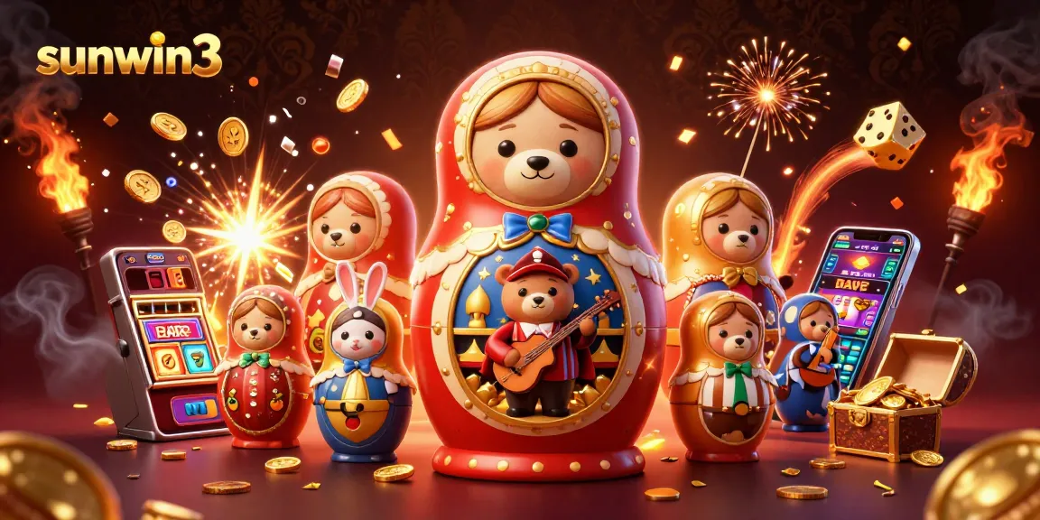 Win big at sunwin3 with vibrant 3D casino characters, slot machines, and festive casino elements.