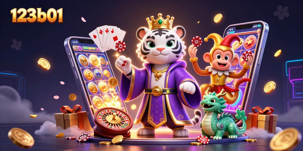 Engage with thrilling gaming at 123b01, featuring animated casino characters amidst vibrant slot game action.