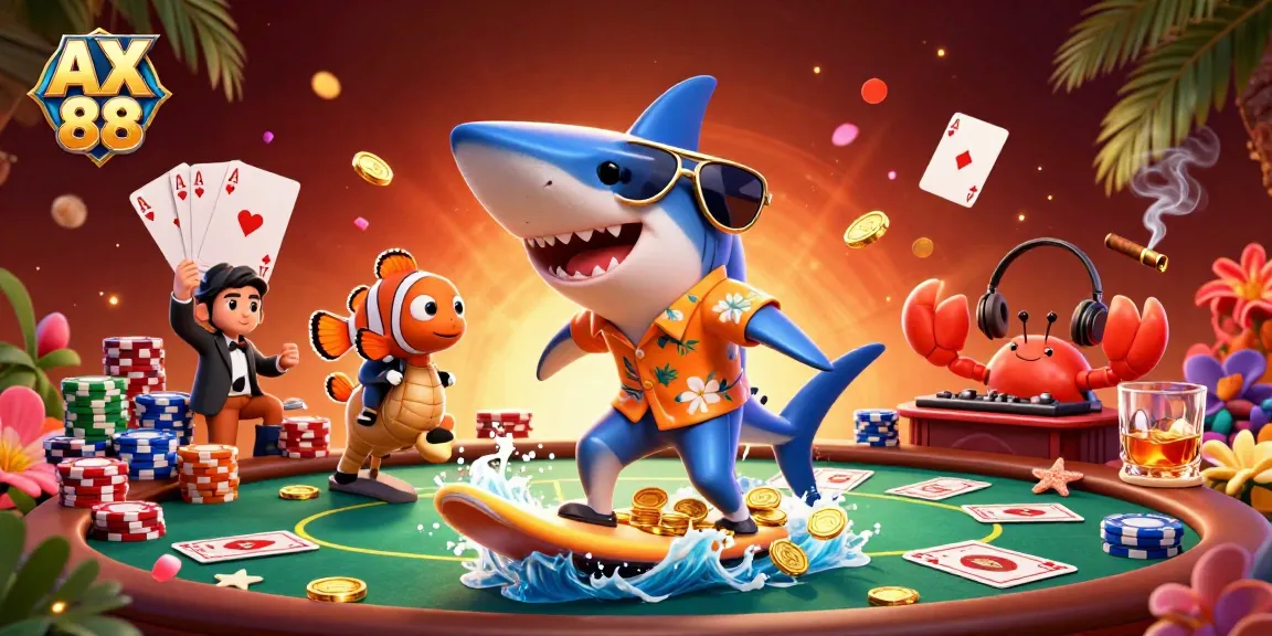 Experience thrilling casino action with AX 88 in a vibrant ocean scene featuring colorful characters and poker elements.