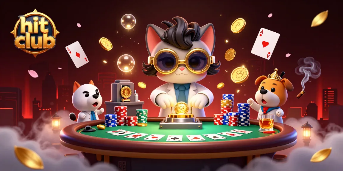 Engage in thrilling gameplay at hit club, featuring a lively casino scene with poker elements.