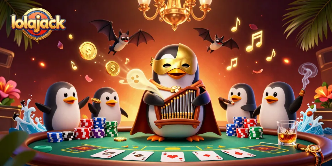 Experience the thrills of lolajack casino with a dynamic illustration of a gaming scene featuring a penguin and poker elements.